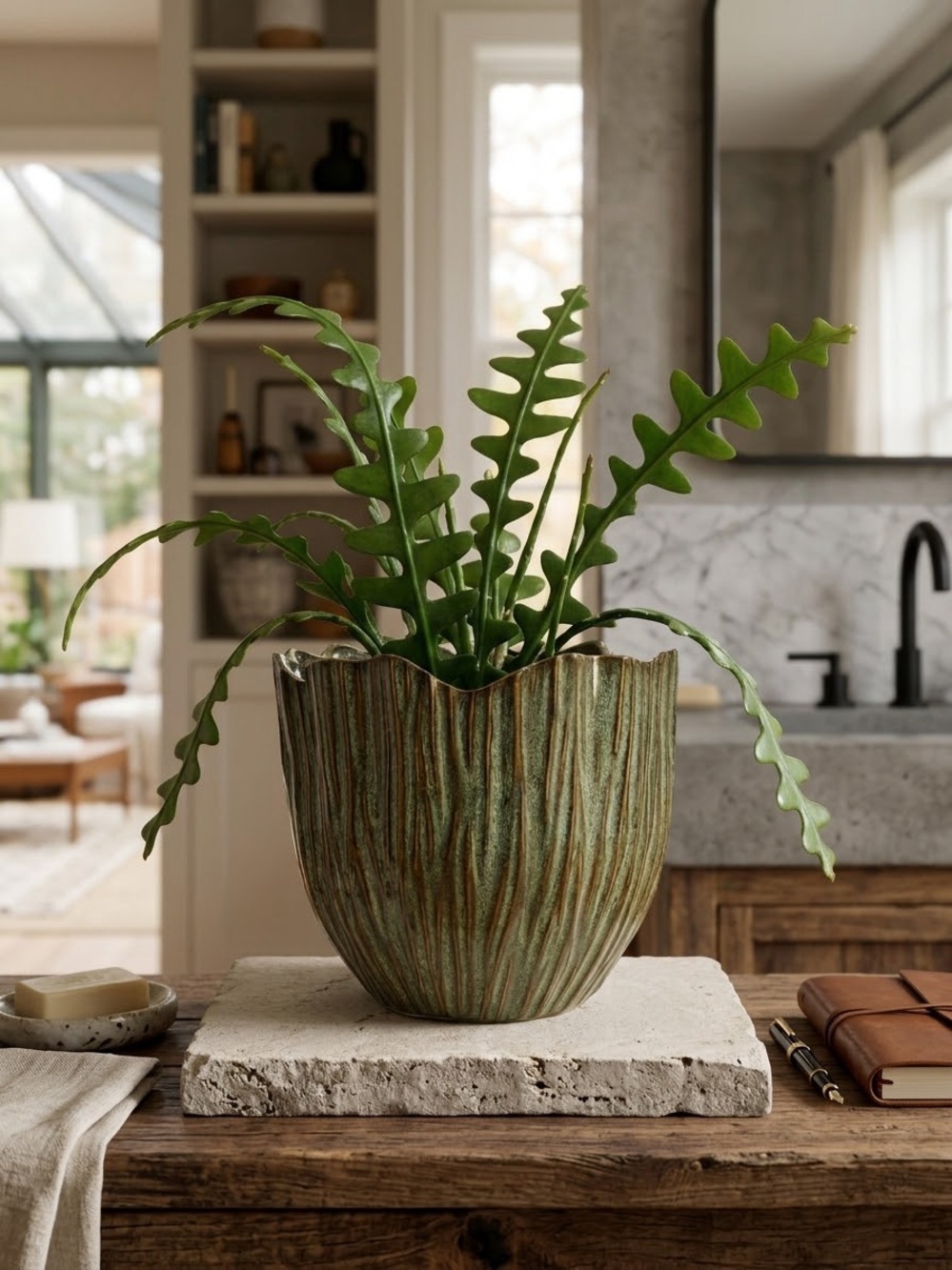 6.5" Ceramic Planter, Ribbed Green Flower Pot with Drainage Hole